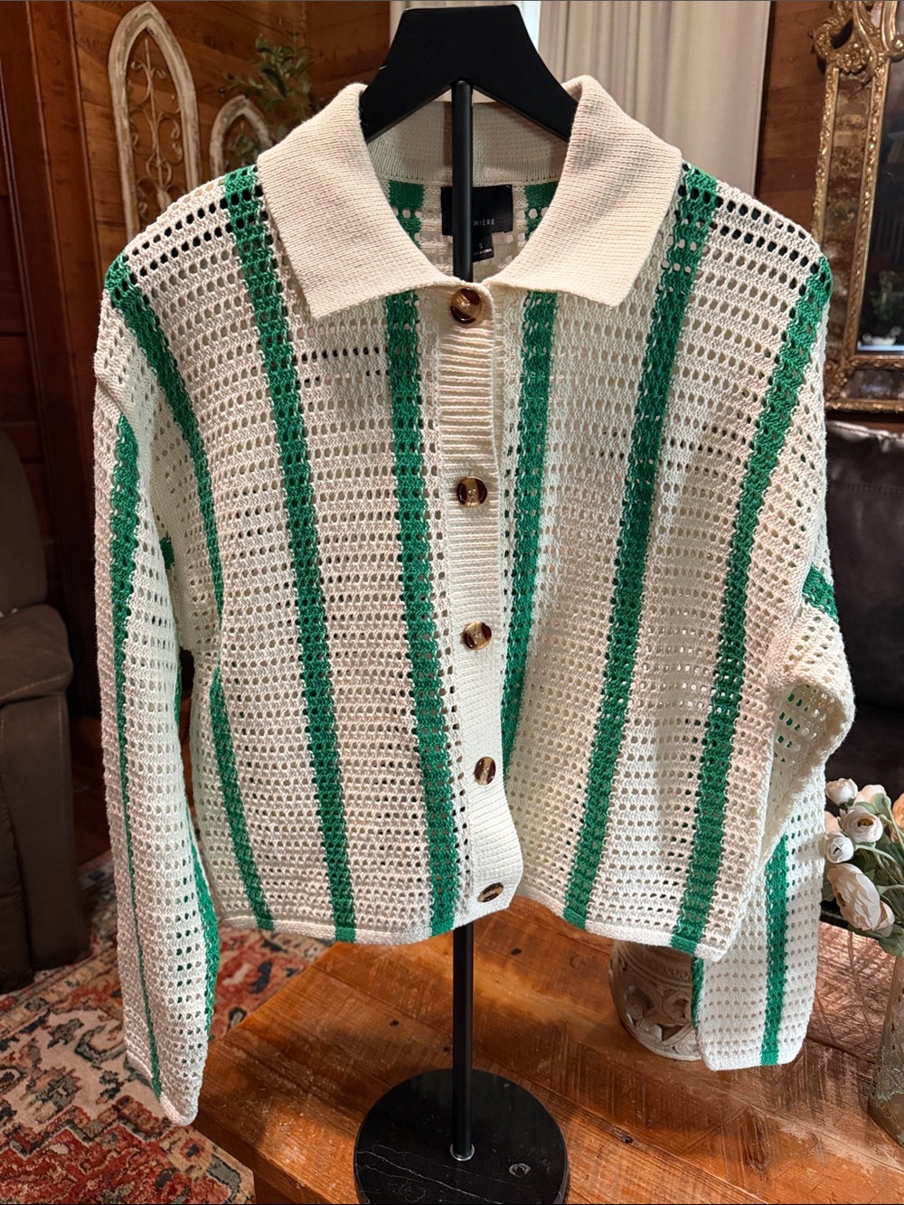 Lumiere Cream Open-Knit Cardigan with Green Stripes
